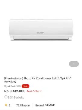 Sharp ac 1/2pk + instalasi