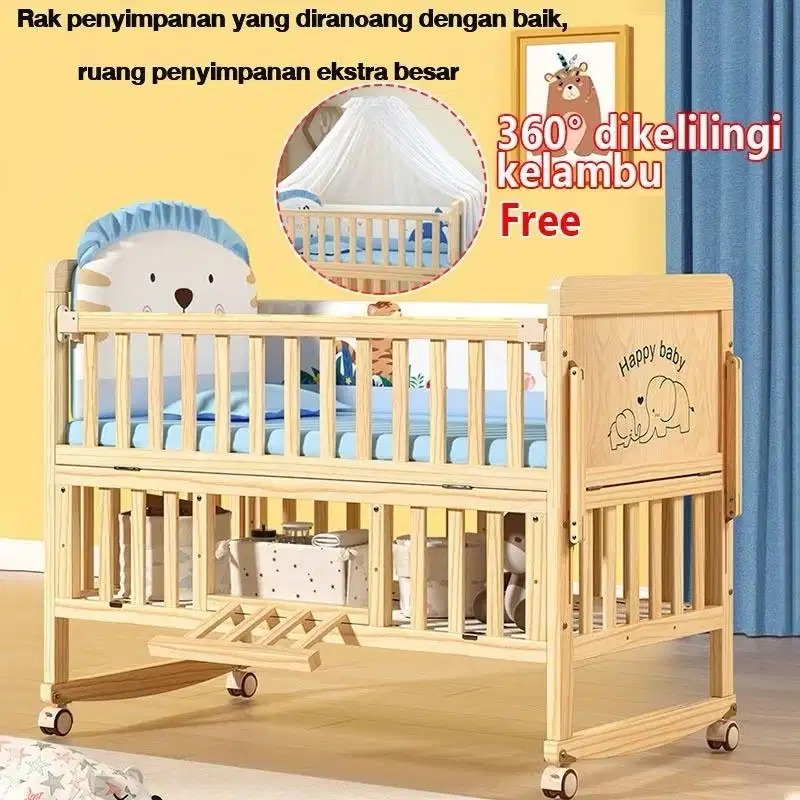 Ranjang Bayi Kayu Pinus Finlandia Kokoh + Kelambu | Poris Tangerang