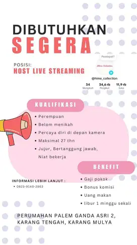 DiButuhkan Host live streaming