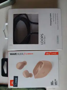 JBL wave buds dan kabel charger type c to c merk Loops