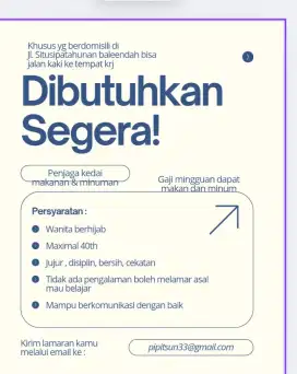 Dibutuhkan segera penjaga kedai makanan dan minuman