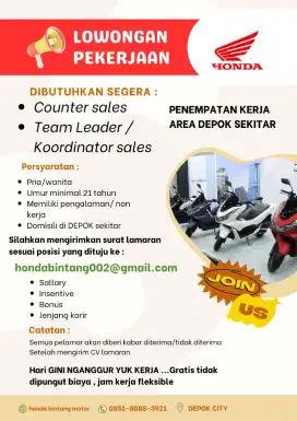Dibutuhkan Counter dan koordinator sales