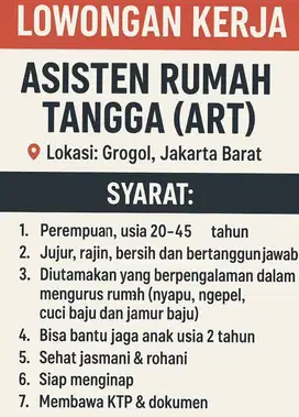 LOKER UNTUK ART NGINAP DI JAKARTA BARAT KHUSUS WANITA