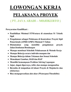 Lowongan Pekerjaan Pelaksana Proyek