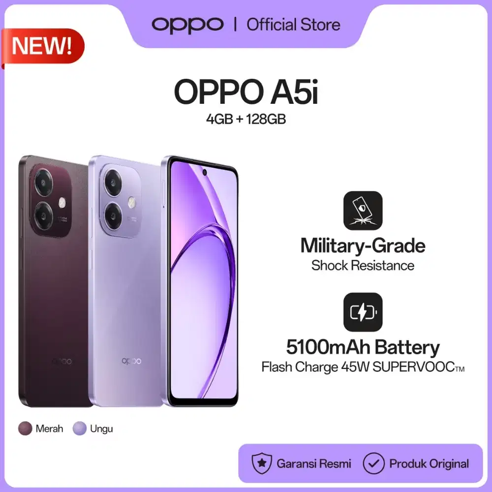 Oppo A5i Ram 4+4/128GB, 5100mah 45W Supervooc, Tahan banting