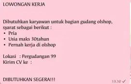Lowongan kerja bagian gudang olshop