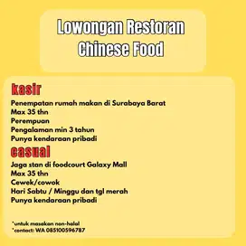 HIRING UNTUK RESTORAN CHINESE FOOD