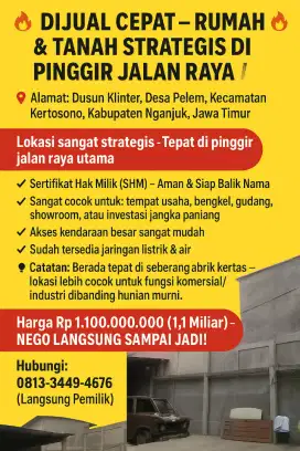DIJUAL CEPAT – RUMAH & TANAH STRATEGIS DI PINGGIR JALAN RAYA