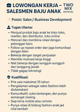 LOWONGAN KERJA – SALESMEN BAJU ANAK