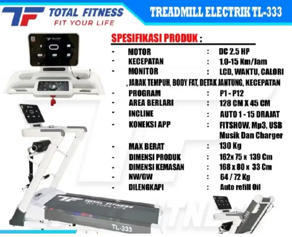 Alat fitness walking pad treadmill elektrik total TL 333 auto incline