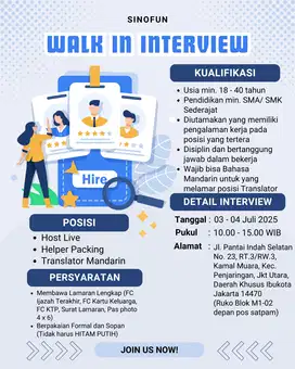 LOKER/ WALK IN INTERVIEW HOST LIVE/ HELPER PACKING/TRANSLATOR MANDARIN