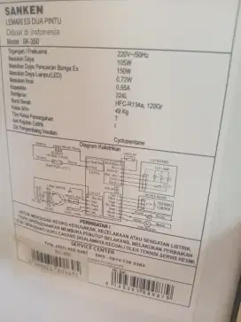 Kulkas Sanken 2 pintu kapasitas 324 Liter second