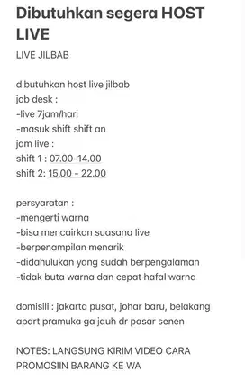 LOWONGAN KERJA HOST LIVE JILBAB JAKARTA PUSAT