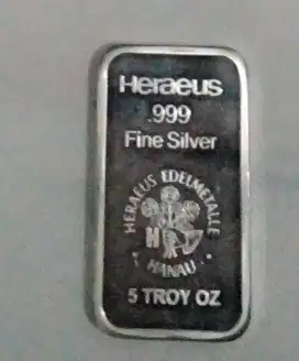 Dijual perak batangan .999 heraeus fine silver 5 troy oz (=155.5 gram)