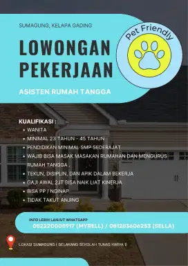 Lowongan Art wajib bisa masak dan tidak takut anjing