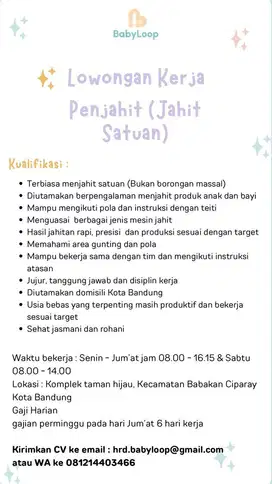 LOWONGAN PENJAHIT SATUAN (BISA OVERDECK)