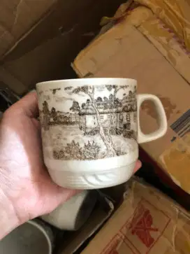 Mitsui Old England Village Vintage Tea Cups, three cups and saucers