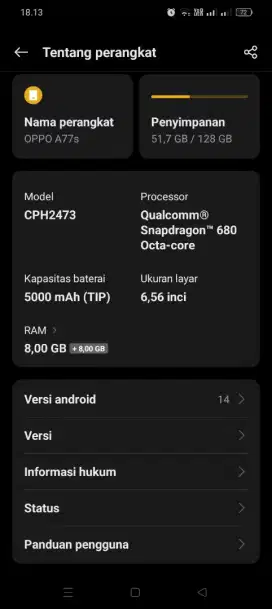 Oppo A77S mulus hp & charger original