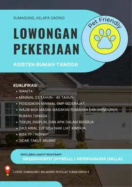 DIBUTUHKAN SEGERA ASISTEN RUMAH TANGGA PP/NGINAP