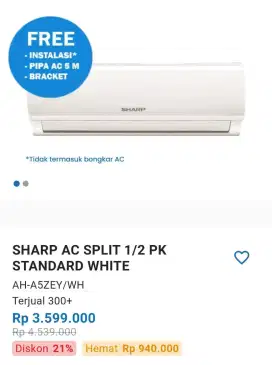 SHARP AC SPLIT 1/2 PK STANDAR WHITE