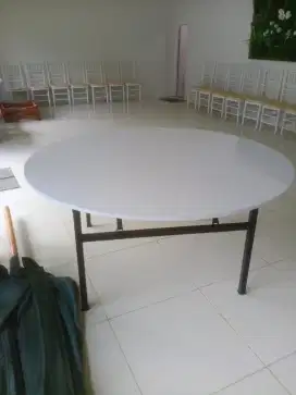 Meja Lipat Bundar Restoran Melaminto 18mm 160cm HPL Hollo Galvanis