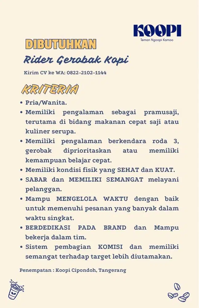 Dibutuhkan Rider Barista Kopi Kekinian
