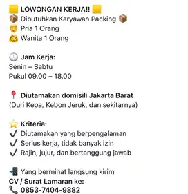 Di butuhkan Karyawan Packing (Yang Berpengalaman + Serius Kerja)