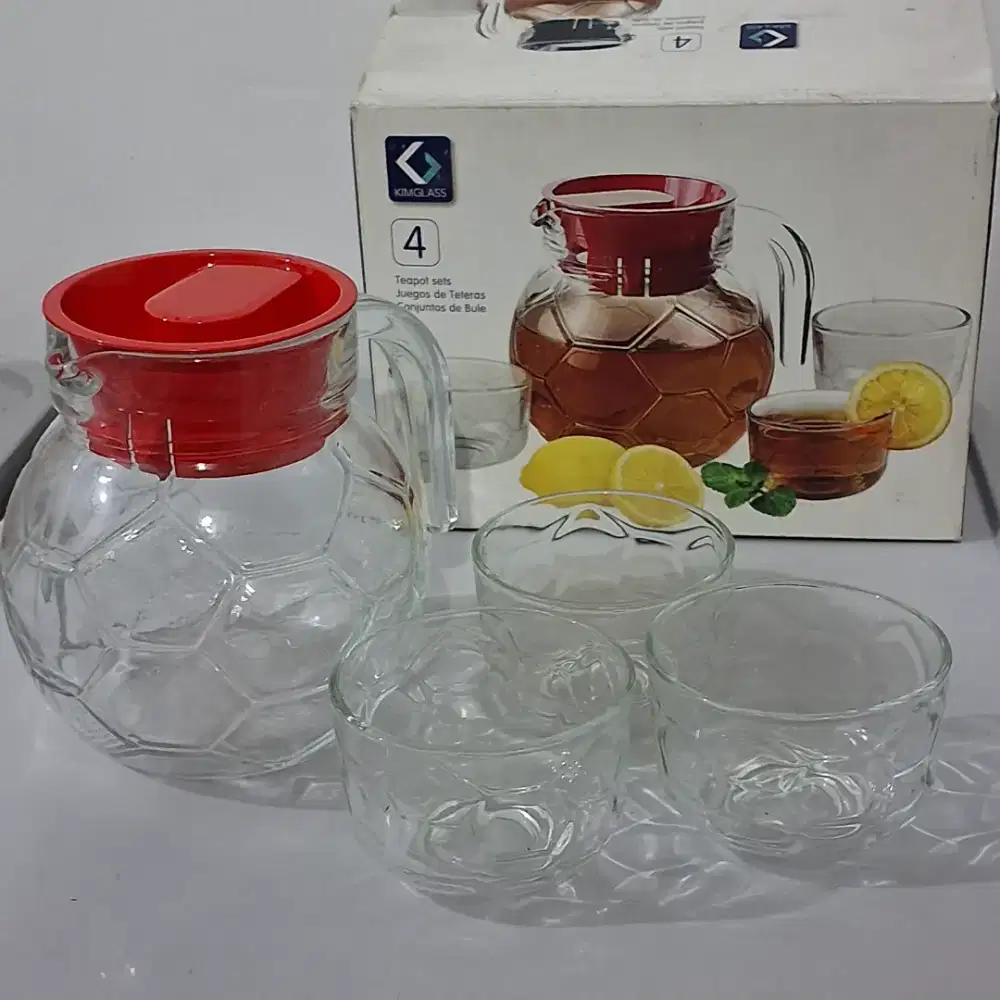 Teapot set isi 4 mewah elegant ada ukiran embos di kaca / Teko gelas