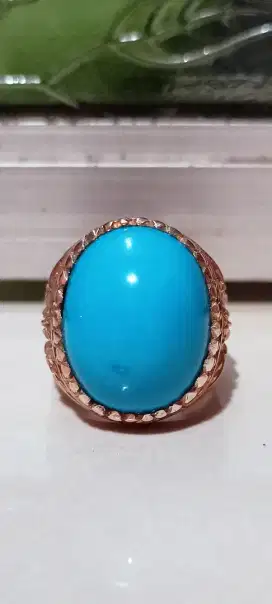 Pirus Persia Biru polos lawasan Ring Perak ukir Mewah
