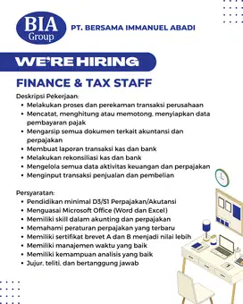 LOKER FINANCE & TAX STAFF PT. BERSAMA IMMANUEL ABADI