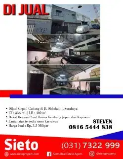 Dijual Cepat! Gudang di Jl. Sidodadi I, Surabaya