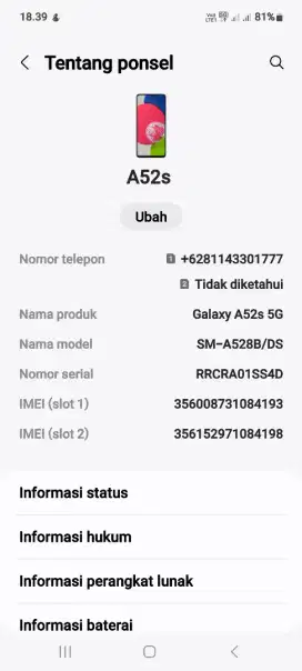 Jual samsung. A 52 S. 5G. ( 8/256 )
