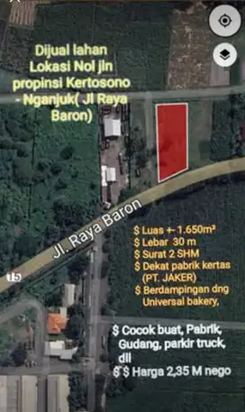 Dijual lahan Nol jln propinsi Kertosono - Nganjuk( Jl Raya Bar