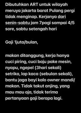 Cari ART daerah meruya/karang tengah