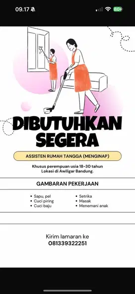 Di cari ART serabutan menginap