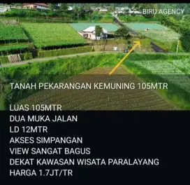 Jual tanah dekat paralayang luas 105m harga 1,7jt/mtr nego