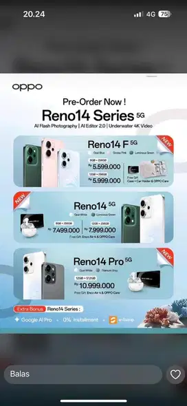 Cicilan pakai kredivo OPPO PRE ORDER Reno 14 5G 8/256gb