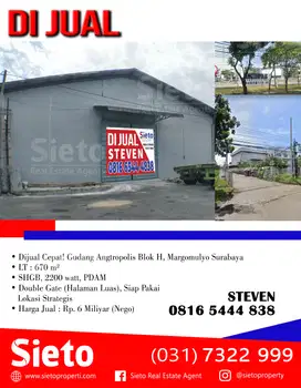 Dijual Cepat! Gudang Angtropolis Blok H, Margomulyo Surabaya