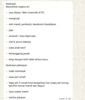 DICARI ASISTEN RUMAH TANGGA (ART)