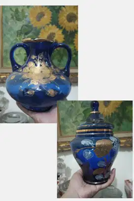 Vas Bunga dan Toples Kaca Antik Biru Cantik Handpainted