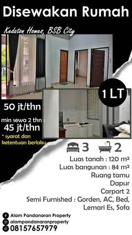 Sewa Cepat Rumah 1LT di Kedaton Homes BSB City