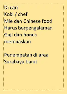 Lowongan Koki Chinese Food dan mie area surabaya barat