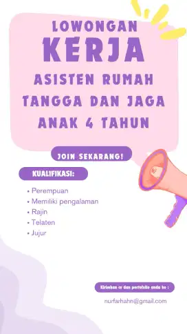 Lowongan Asisten Rumah Tangga dan Jaga anak 4 tahun
