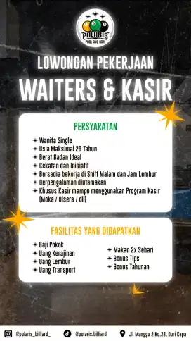 Lowongan kerja untuk waiters & kasit