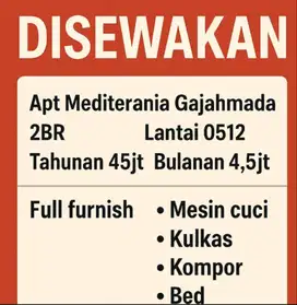 Sewa BU 2BR Mediterania Gajah Mada full furnish. Nego sampe deal