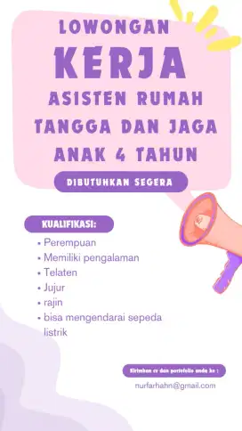 Asisten rumah tangga dan jaga anak 4 tahun