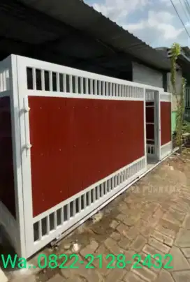 Pagar gerbang minimalis mewah motif kayu wooplng bergeransi