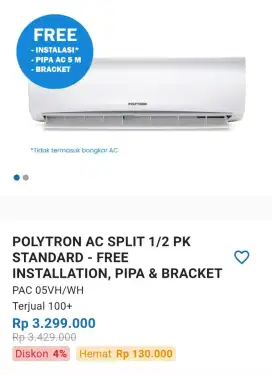 Polytron AC split 1/3 PK standar - free installation, pipa & bracket