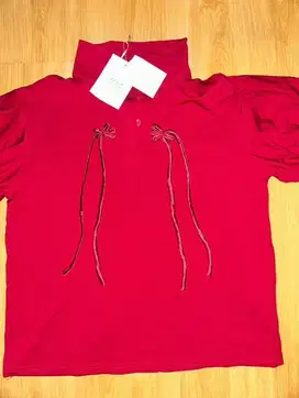 Kemeja Wanita Model Hiasan 2 Pita Panjang Warna Red