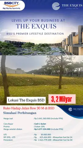 RUKO HADAP JALAN THE EXQUIS BSD 3,2 Milyar